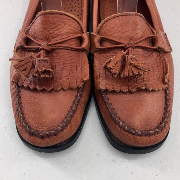 Dexter Comfort Brown Leather Tassel Fringe Block Heel Slip On Loafer Shoes - Picture 7 of 11